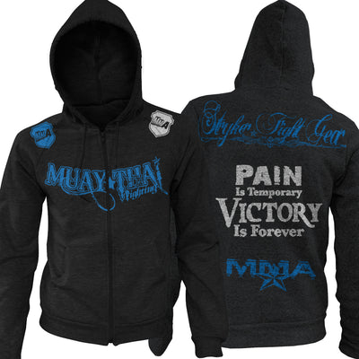 Muay Thai Fighting Adult Zip Up Hoodie Pain Is Temporary Victory Is Forever BLACK