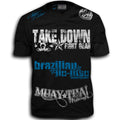 TAKEDOWN FIGHT GEAR MUAY THAI WALKOUT MMA UFC SHIRT BLACK BLUE WHITE LOGOS