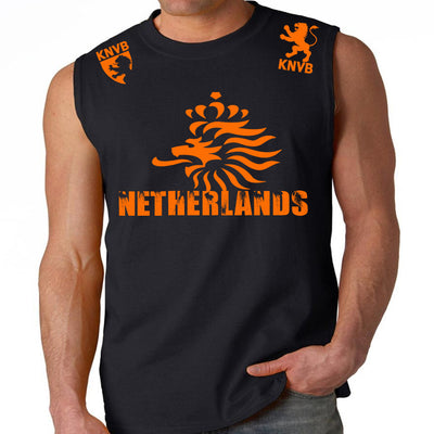 NETHERLANDS SOCCER FIFA WORLD CUP MENS MUSCLE SHIRT BLACK ORANGE LOGO