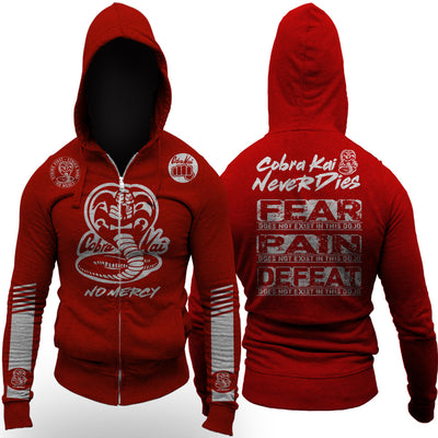 Cobra Kai Karate Kid Netflix Series Dodge Challenger Edition No Mercy Fear Pain Defeat Does Not Exist In This Dojo Adult Zip Up Hoodie