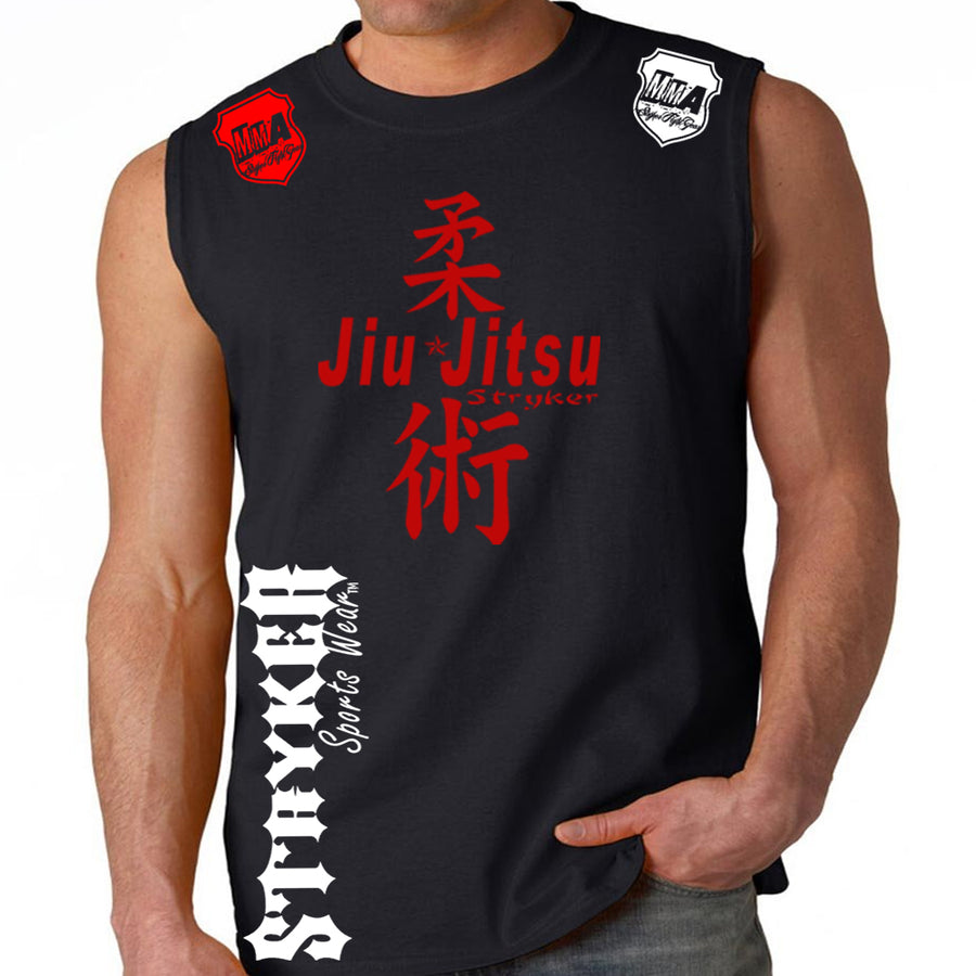 JIU JITSU STRYKER MMA MENS MUSCLE SHIRT BLACK RED LOGOS
