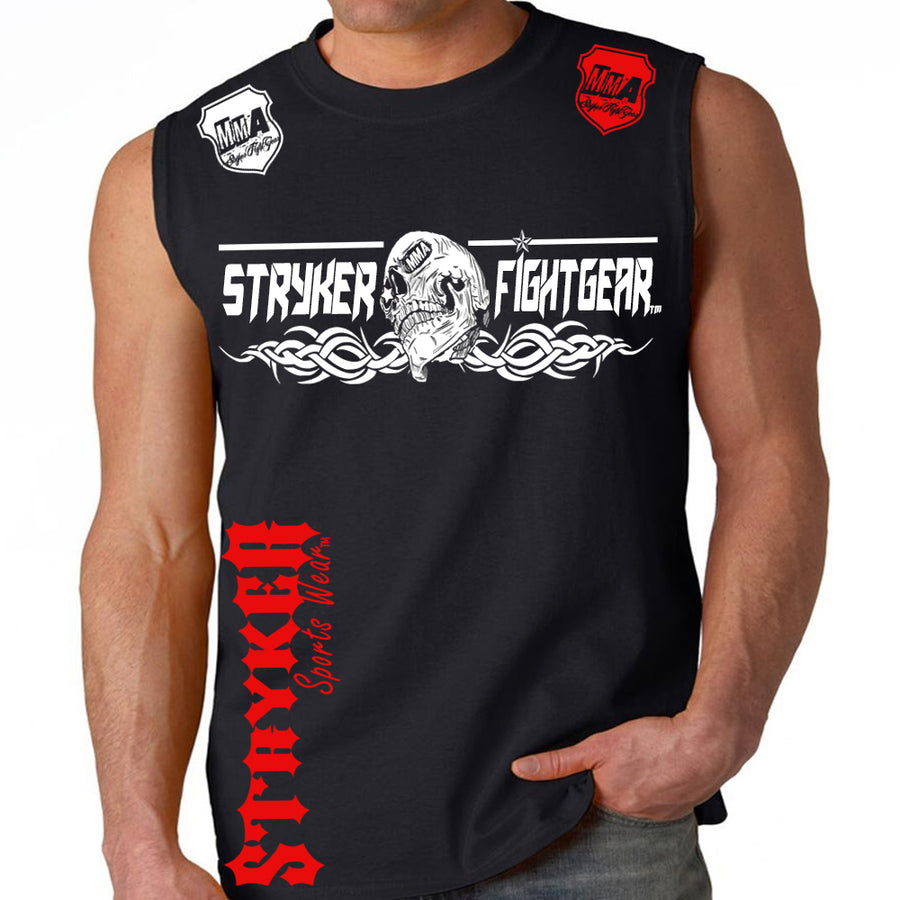 STRYKER FIGHT GEAR DEAD MANS SKULL MMA FIGHTERS MUSCLE SHIRT BLACK RED WHITE LOGOS