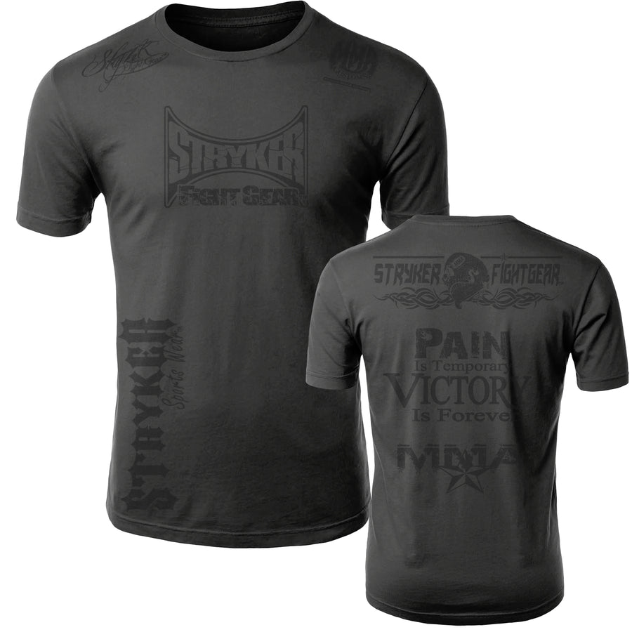 STRYKER STRYKER FIGHT GEAR SKULL BACK PAIN IS TEMPORARY VICTORY IS FOREVER ADULT MMA UFC T-SHIRT GRAY