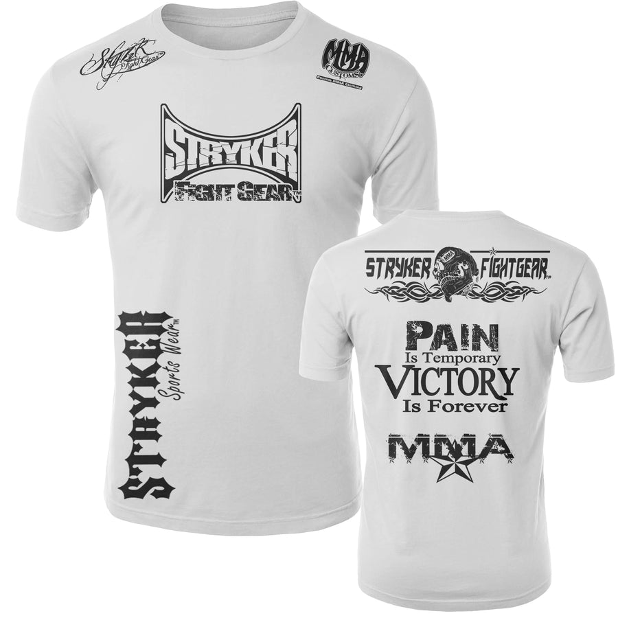 STRYKER STRYKER FIGHT GEAR SKULL BACK PAIN IS TEMPORARY VICTORY IS FOREVER ADULT MMA UFC T-SHIRT WHITE