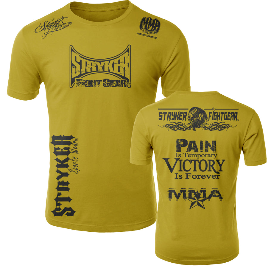 STRYKER STRYKER FIGHT GEAR SKULL BACK PAIN IS TEMPORARY VICTORY IS FOREVER ADULT MMA UFC T-SHIRT YELLOW