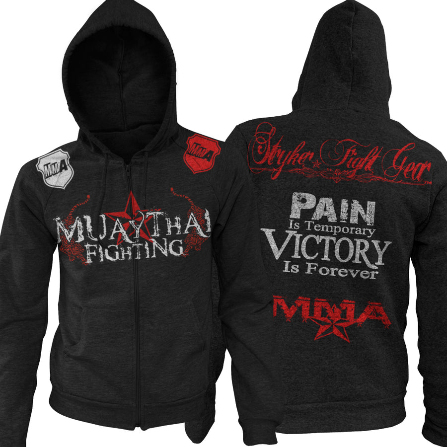 MUAY THAI FIGHTING PAIN IS TEMPORARY VICTORY IS FOREVER UFC MMA ZIP UP HOODIE BLACK